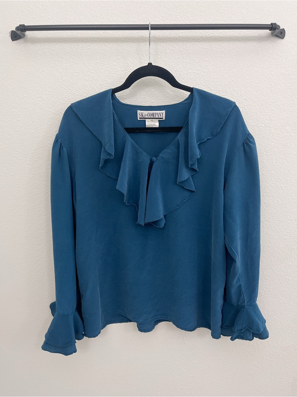 100% Silk Teal Ruffle V-Neck Long Sleeve Top